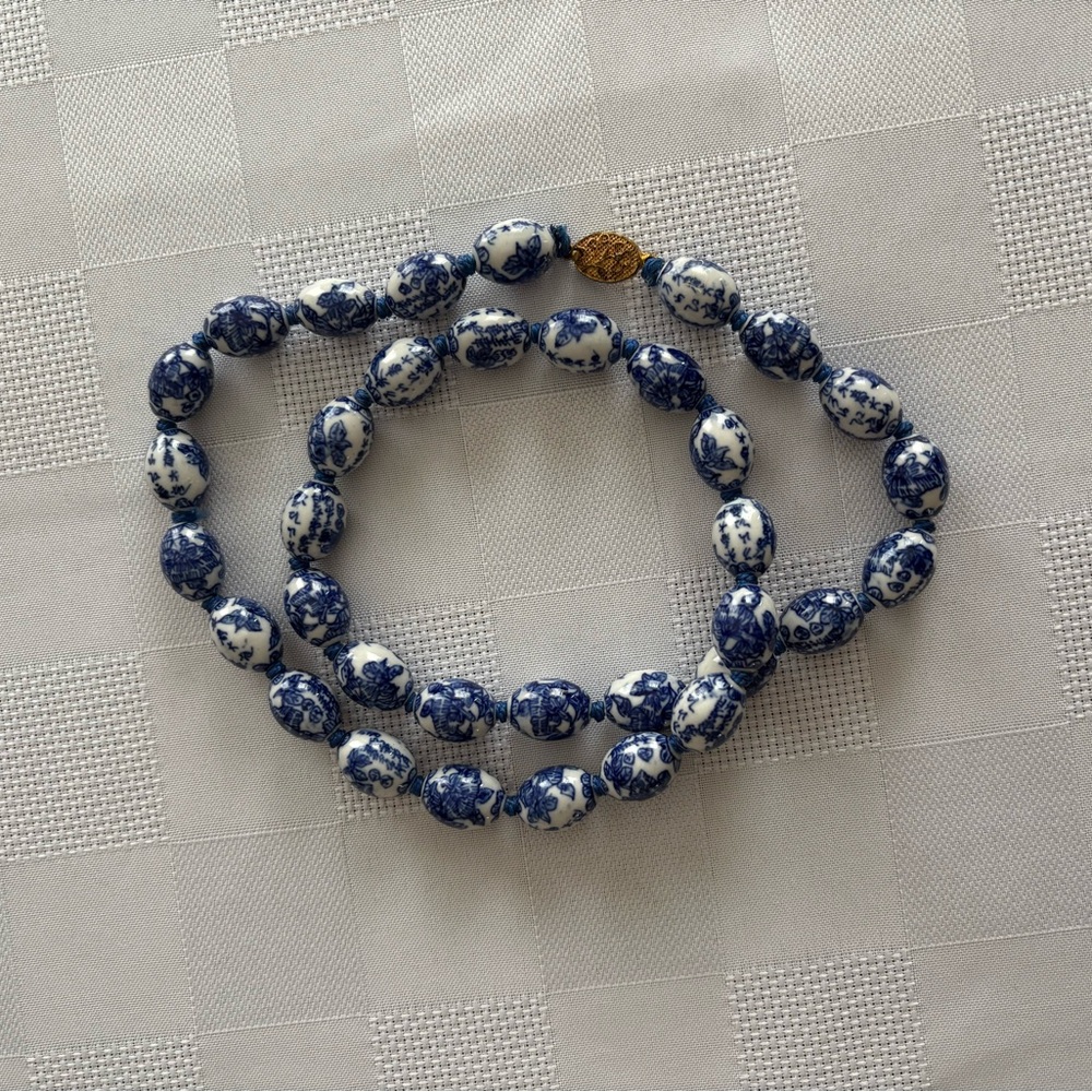 Vintage Blue and White 26” Porcelain Necklace with Goldtone Clasp